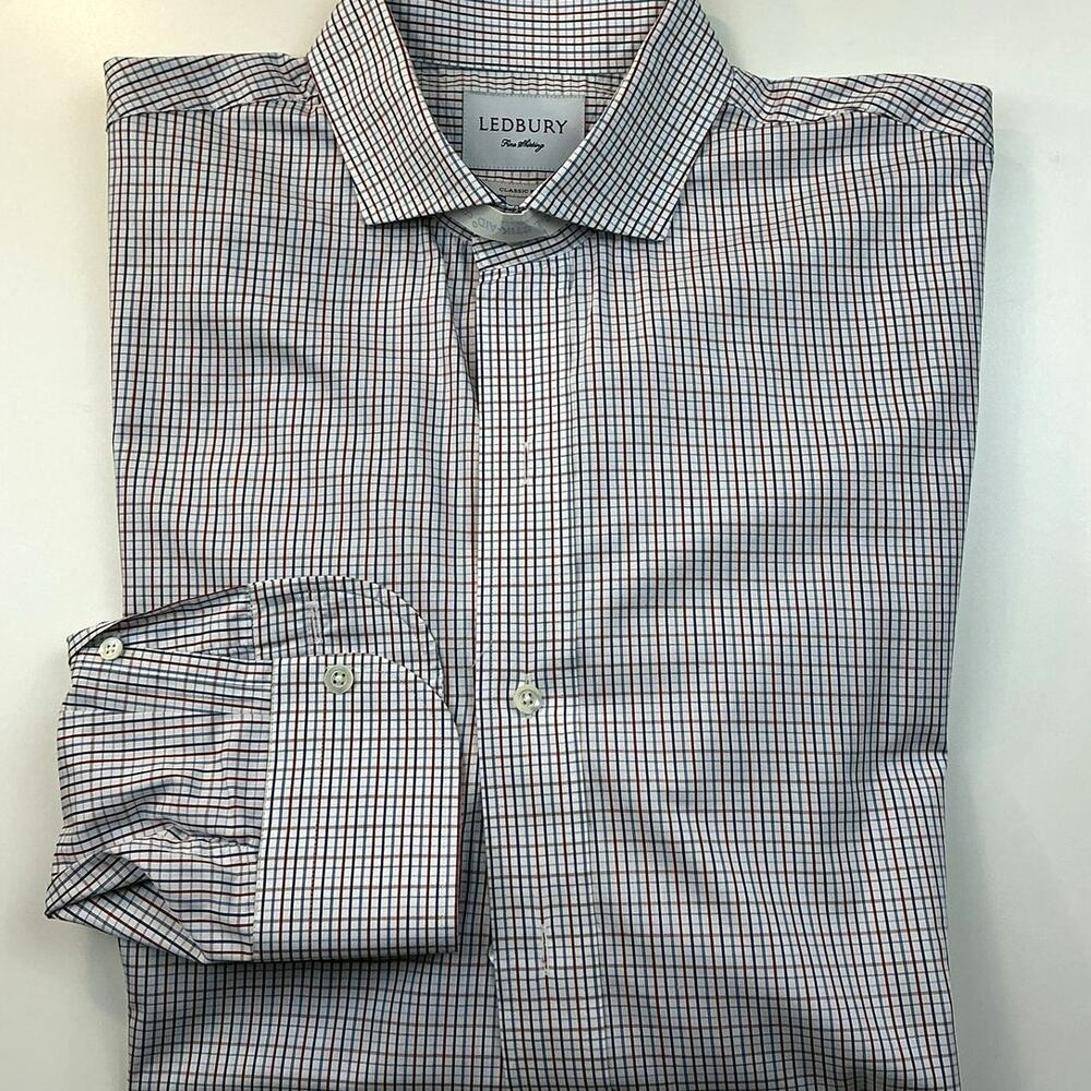 Ledbury Classic Fit Dress Shirt 17 35 Red Blue Check Plaid Premium Cotton